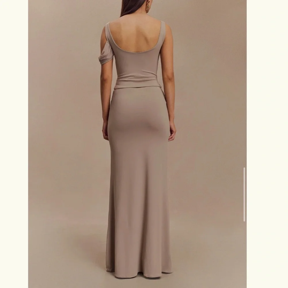 (SOLD) Meshki ~ Jules ~ Recycled Nylon And Mesh Maxi Skirt - Taupe - Picture 6 of 10